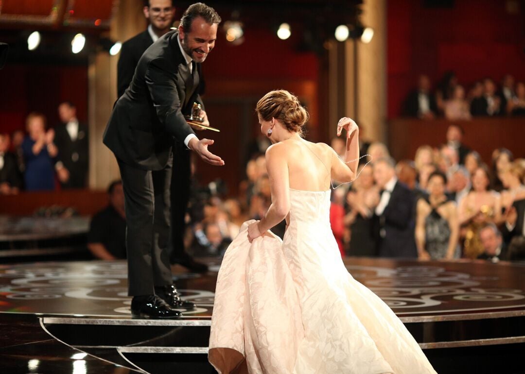 Jennifer Lawrence takes a tumble
